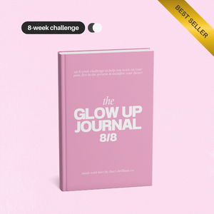 A pink hardcover journal titled 'the GLOW UP JOURNAL 8/8' shown on a pale pink background with promotional badges reading '8-week challenge' and 'BEST SELLER'.