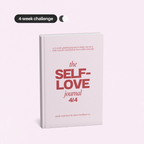 The Self-Love Journal 4/4 shown as a white hardcover journal with red typography, set against a pale pink background with a '4-week challenge' badge at the top left.