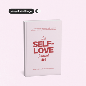 The Self-Love Journal 4/4 shown as a white hardcover journal with red typography, set against a pale pink background with a '4-week challenge' badge at the top left.